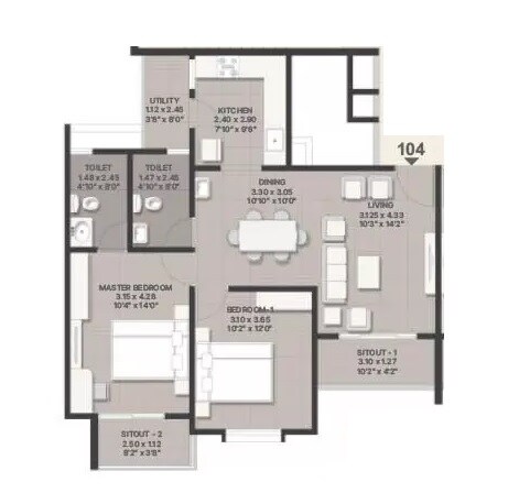Floor plan of 2 BHK 1200 Sq. Ft. Apartment in Corporate Sunrise, Bangalore