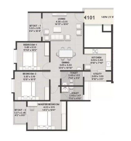 Floor plan of 3 BHK 1317 Sq. Ft. Apartment in Corporate Sunrise, Bangalore