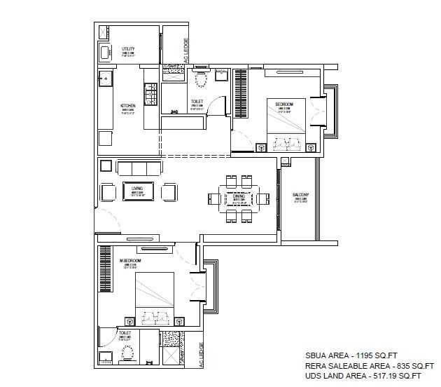 Floor plan of 2 BHK 1195 Sq. Ft. Apartment in Countryside Raindance, Bangalore