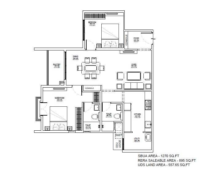 Floor plan of 2 BHK 1270 Sq. Ft. Apartment in Countryside Raindance, Bangalore