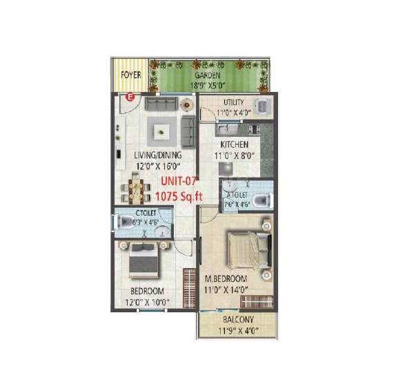 Floor plan of 2 BHK 1075 Sq. Ft. Apartment in CR Serenity, Bangalore