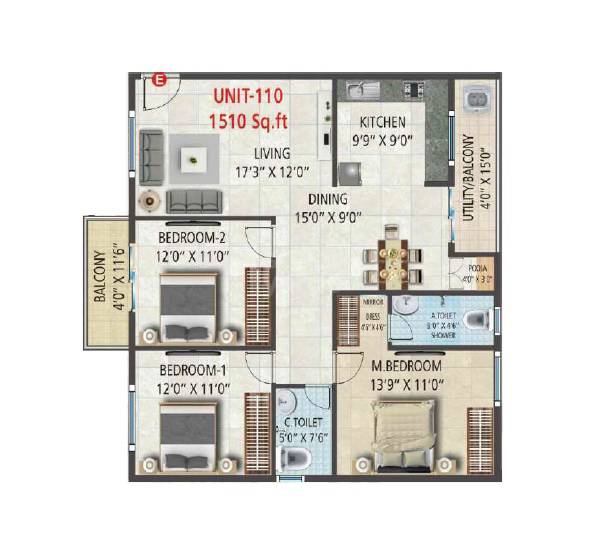 Floor plan of 3 BHK 1510 Sq. Ft. Apartment in CR Serenity, Bangalore