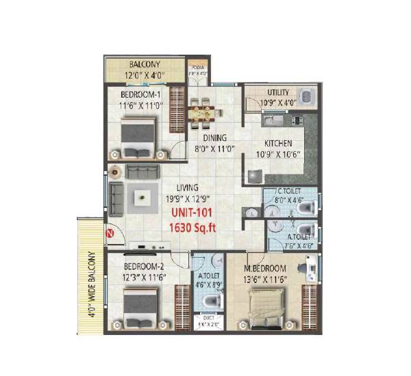 Floor plan of 3 BHK 1630 Sq. Ft. Apartment in CR Serenity, Bangalore