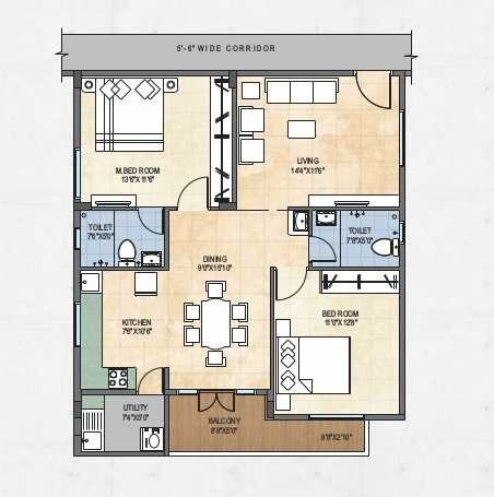 Floor plan of 2 BHK 1160 Sq. Ft. Apartment in Creative Shree Vikas, Bangalore