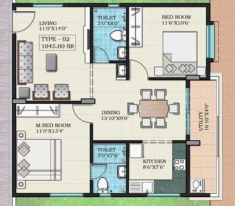 Floor plan of 2 BHK 1045 Sq. Ft. Apartment in Creative Srivaru Sree Palace, Bangalore