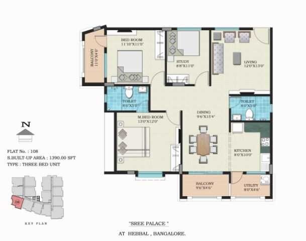 Floor plan of 2 BHK 1390 Sq. Ft. Apartment in Creative Srivaru Sree Palace, Bangalore
