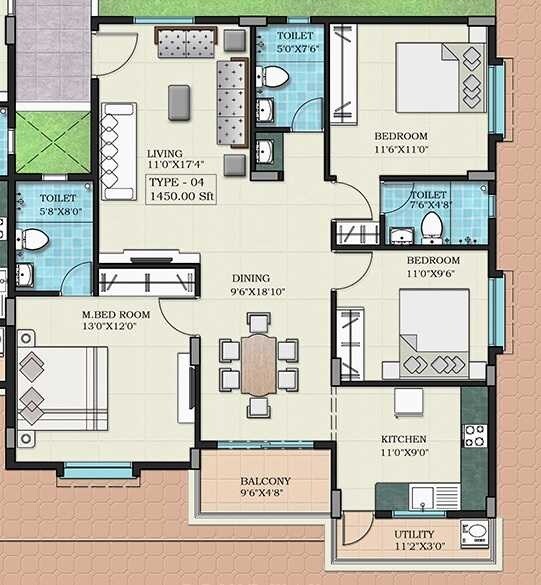 Floor plan of 3 BHK 1450 Sq. Ft. Apartment in Creative Srivaru Sree Palace, Bangalore