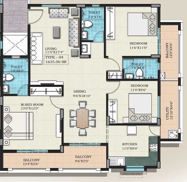 Floor plan of 3 BHK 1635 Sq. Ft. Apartment in Creative Srivaru Sree Palace, Bangalore