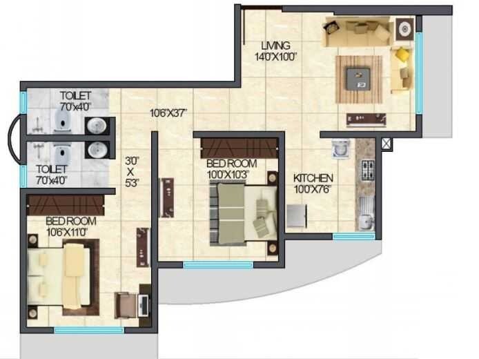 Floor plan of 2 BHK 885 Sq. Ft. Apartment in Cresent Residency, Bangalore