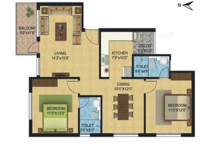 Floor plan of 2 BHK 1260 Sq. Ft. Apartment in Cubical Antera Ela, Bangalore
