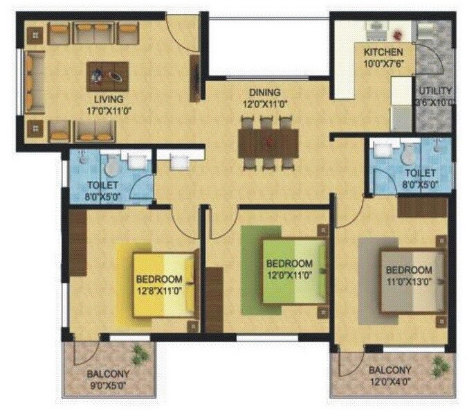 Floor plan of 3 BHK 1290 Sq. Ft. Apartment in Cubical Antera Ela, Bangalore