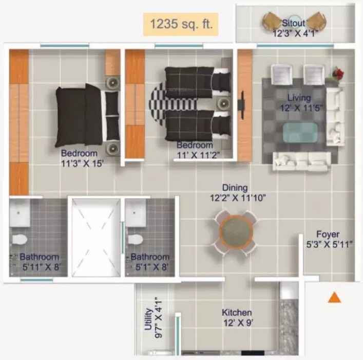 2 BHK 1235 Sq. Ft. Apartment