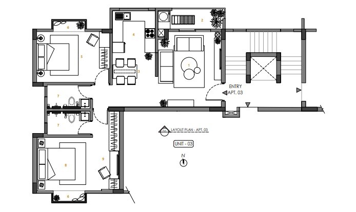 Floor plan of 2 BHK 1080 Sq. Ft. Apartment in Cumins Realm, Bangalore