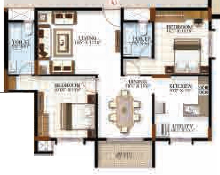 Floor plan of 2 BHK 1153 Sq. Ft. Apartment in Cynosure White Spaces, Bangalore