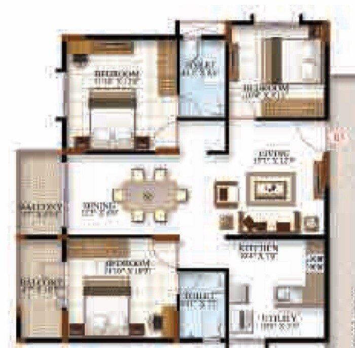 Floor plan of 3 BHK 1248 Sq. Ft. Apartment in Cynosure White Spaces, Bangalore