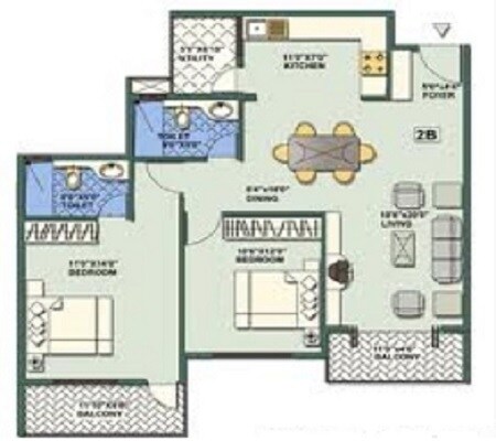 Floor plan of 2 BHK Apartment - 1000 sq. ft. in Daadys Olive, Bangalore