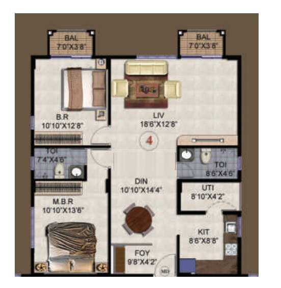 Floor plan of 2 BHK 1030 Sq. Ft. Apartment in Daivik Prasad Apartments, Bangalore