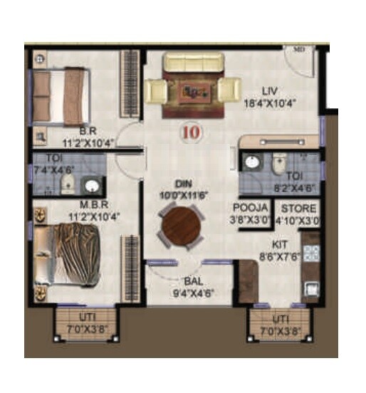 Floor plan of 2 BHK 1270 Sq. Ft. Apartment in Daivik Prasad Apartments, Bangalore