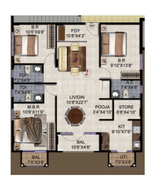 Floor plan of 3 BHK 1350 Sq. Ft. Apartment in Daivik Prasad Apartments, Bangalore