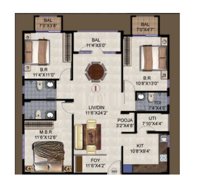 Floor plan of 3 BHK 1550 Sq. Ft. Apartment in Daivik Prasad Apartments, Bangalore
