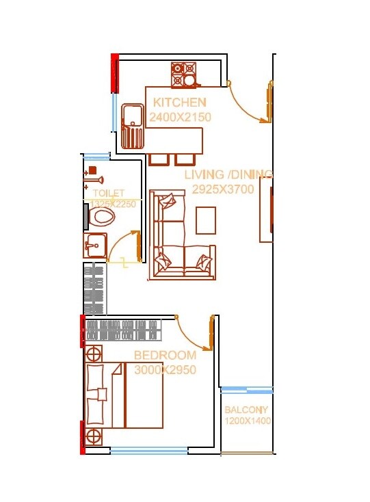 Floor plan of 1 BHK 534 Sq. Ft. Apartment in Damden Vivo, Bangalore