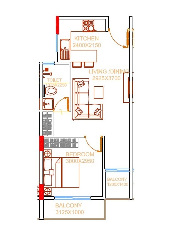 Floor plan of 1 BHK 578 Sq. Ft. Apartment in Damden Vivo, Bangalore