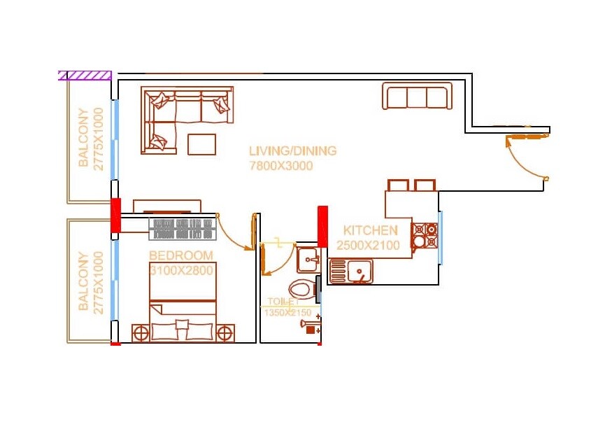 Floor plan of 1 BHK 710 Sq. Ft. Apartment in Damden Vivo, Bangalore