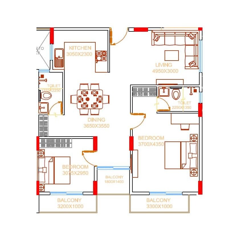 Floor plan of 2 BHK 1213 Sq. Ft. Apartment in Damden Vivo, Bangalore