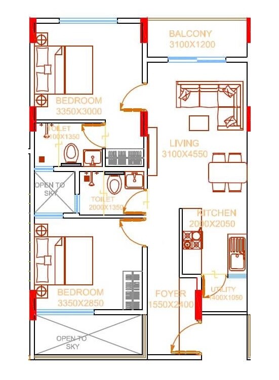 Floor plan of 2 BHK 858 Sq. Ft. Apartment in Damden Vivo, Bangalore
