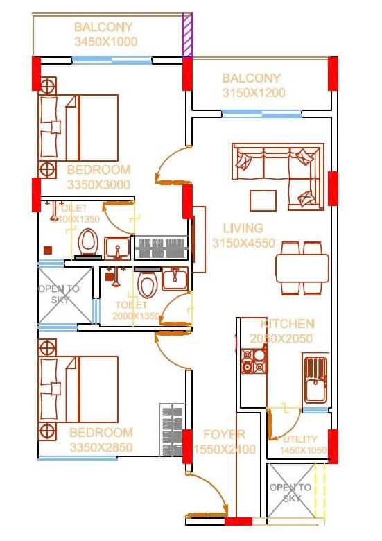 Floor plan of 2 BHK 906 Sq. Ft. Apartment in Damden Vivo, Bangalore