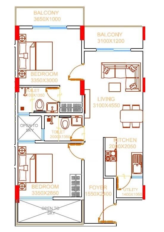 Floor plan of 2 BHK 916 Sq. Ft. Apartment in Damden Vivo, Bangalore