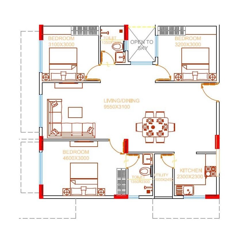 Floor plan of 3 BHK 1245 Sq. Ft. Apartment in Damden Vivo, Bangalore