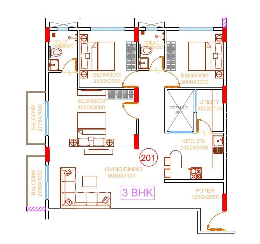 Floor plan of 3 BHK 1289 Sq. Ft. Apartment in Damden Vivo, Bangalore