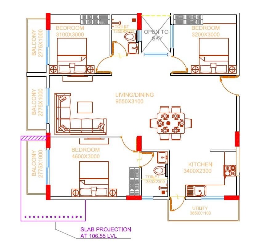Floor plan of 3 BHK 1403 Sq. Ft. Apartment in Damden Vivo, Bangalore