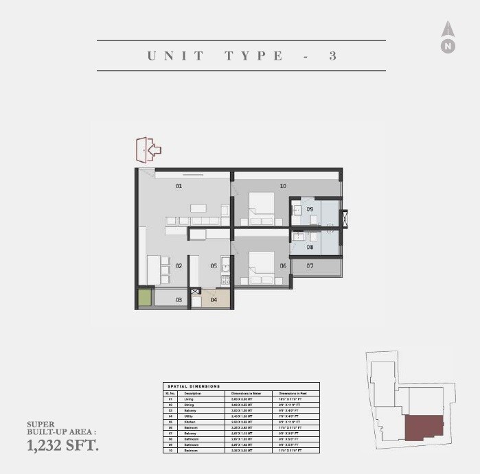 Floor plan of 2 BHK 1232 Sq. Ft. Apartment in Darshan Gowda BA Aura, Bangalore