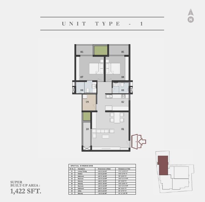 Floor plan of 2 BHK 1422 Sq. Ft. Apartment in Darshan Gowda BA Aura, Bangalore