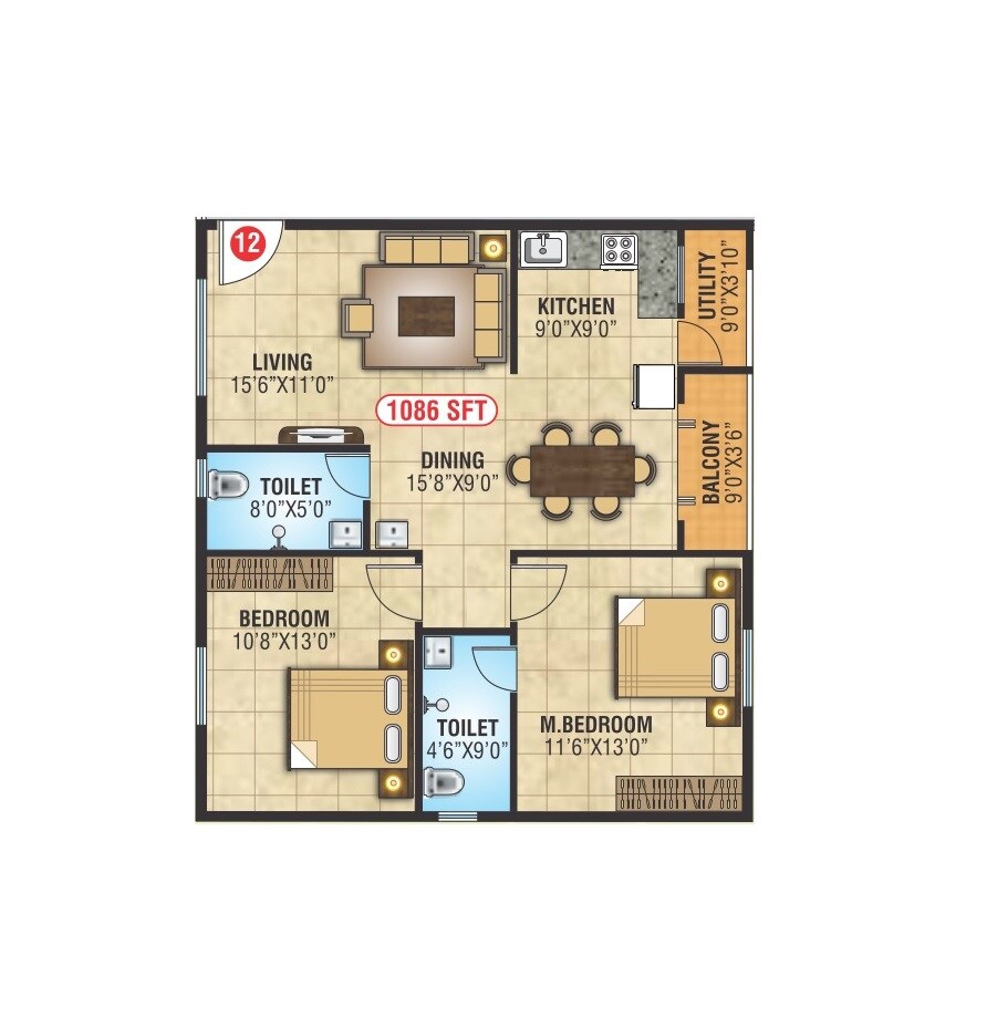 Floor plan of 2 BHK Apartment - 1086 sq. ft. in DB Lakven Gardenia, Bangalore