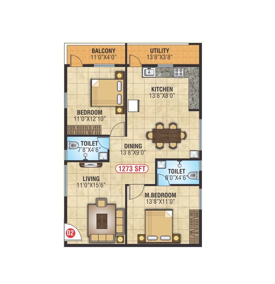 Floor plan of 2 BHK Apartment - 1273 sq. ft. in DB Lakven Gardenia, Bangalore