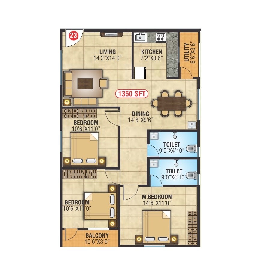 Floor plan of 3 BHK Apartment - 1350 sq. ft. in DB Lakven Gardenia, Bangalore