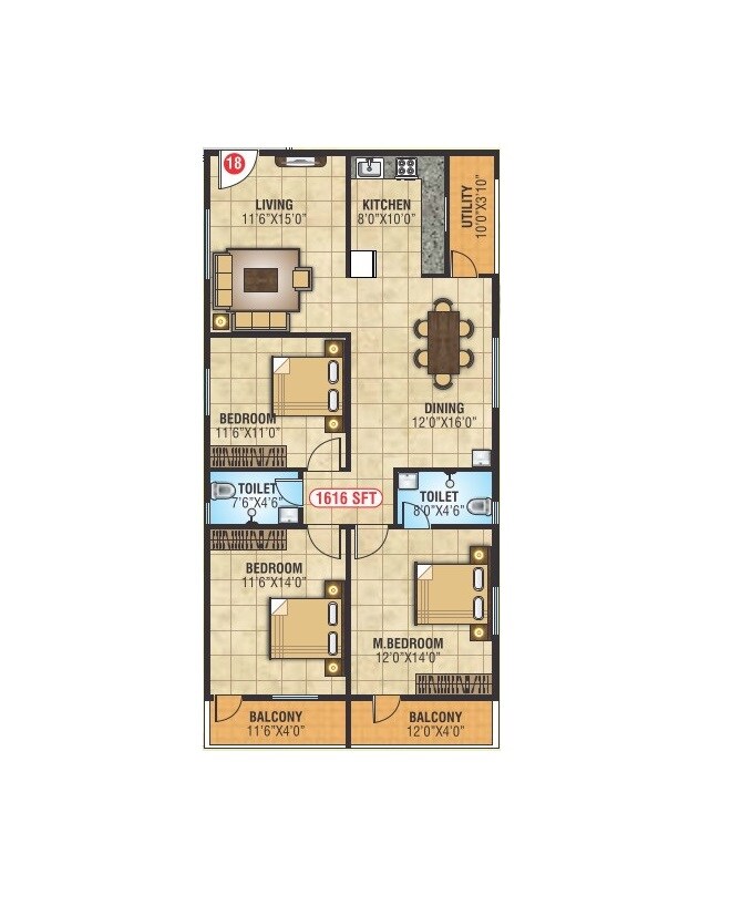 Floor plan of 3 BHK Apartment - 1616 sq. ft. in DB Lakven Gardenia, Bangalore