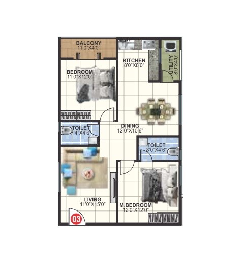 Floor plan of 2 BHK 1089 Sq. Ft. Apartment in DB Lakven Visishta, Bangalore