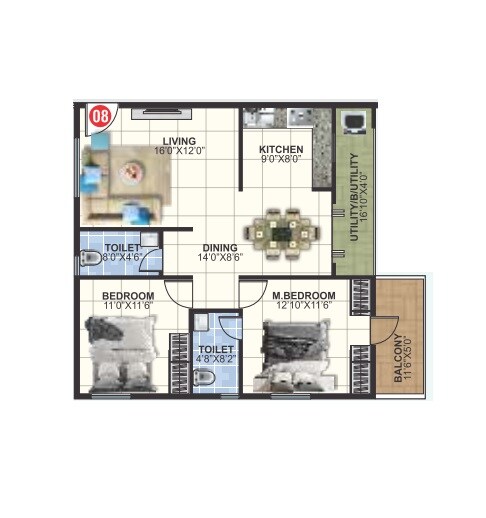 Floor plan of 2 BHK 1138 Sq. Ft. Apartment in DB Lakven Visishta, Bangalore
