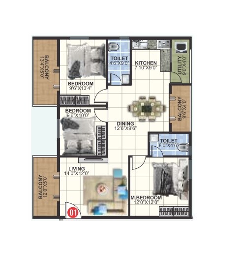 Floor plan of 3 BHK 1240 Sq. Ft. Apartment in DB Lakven Visishta, Bangalore