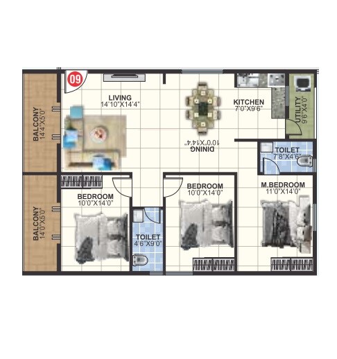 Floor plan of 3 BHK 1792 Sq. Ft. Apartment in DB Lakven Visishta, Bangalore