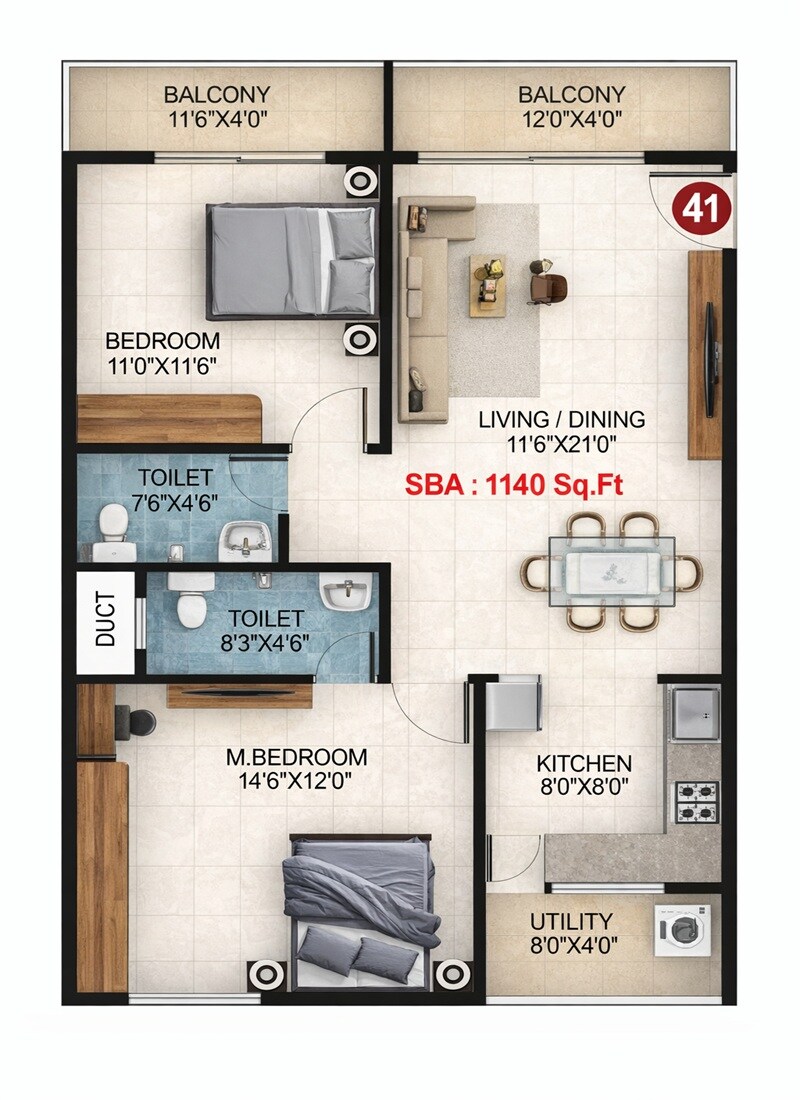 Floor plan of 2 BHK 1140 Sq. Ft. Apartment in DC Capitol, Bangalore
