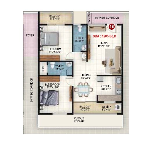 Floor plan of 2 BHK 1205 Sq. Ft. Apartment in DC Capitol, Bangalore