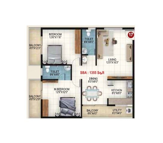 Floor plan of 2 BHK 1355 Sq. Ft. Apartment in DC Capitol, Bangalore