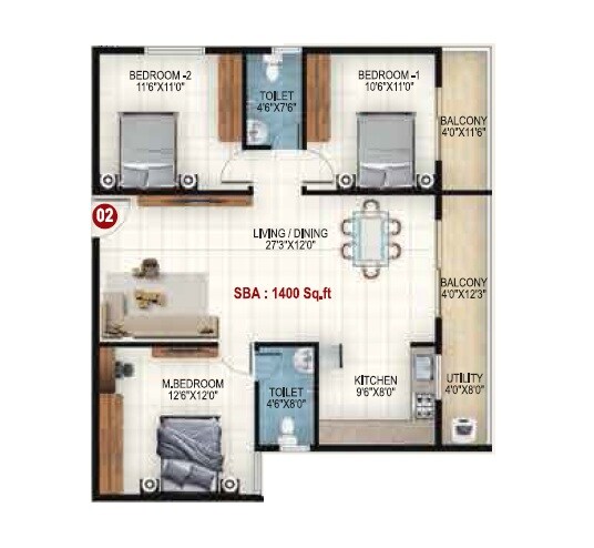 Floor plan of 3 BHK 1400 Sq. Ft. Apartment in DC Capitol, Bangalore