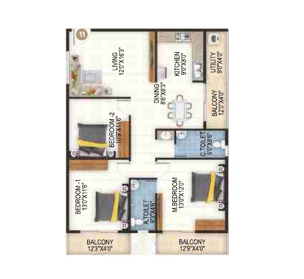 3 BHK 1400 Sq. Ft. Apartment