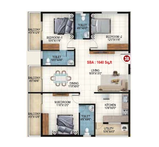 Floor plan of 3 BHK 1640 Sq. Ft. Apartment in DC Capitol, Bangalore